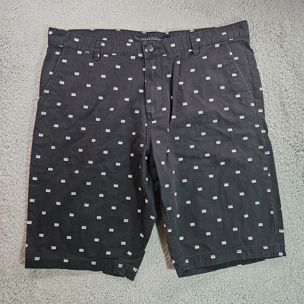 Sean John Shorts Men Size 38 x 12.5 Geometric Print Chino Style Flat Front Black